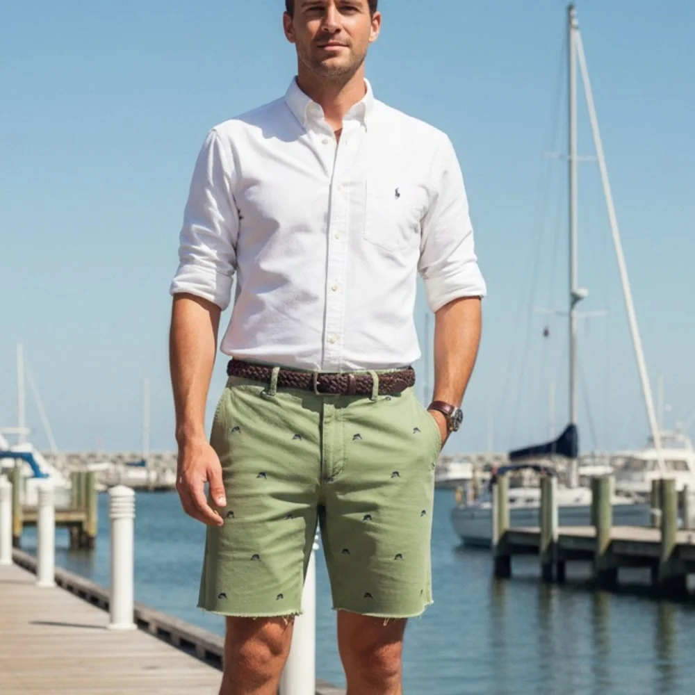 J. Crew VTG “Critter” “Destroyed”Shorts Marlin Embroidery Distressed Green Sz 36